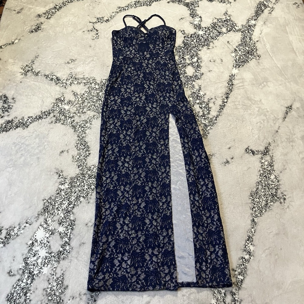 Windsor Dress Juniors Sz 9 Navy Blue and Silver Lace Maxi High Side Slit Evening